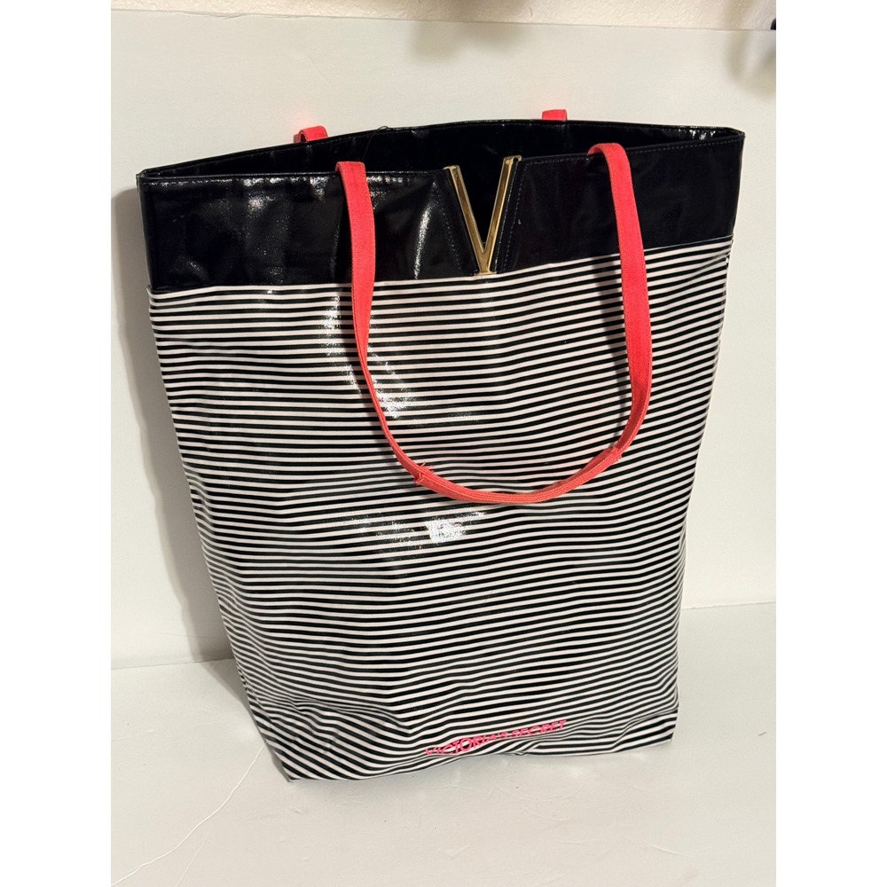 Y2K Victoria's Secret Pink Black White Stripe Vinyl Tote Bag Beach collectible